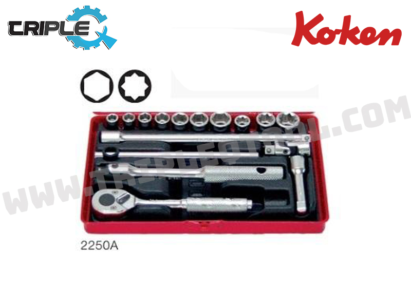 KOKEN บ๊อกซ์ชุด 6P และ 8P 16 ชิ้น (นิ้ว) ในกล่องเหล็ก (Socket Set) 2250A