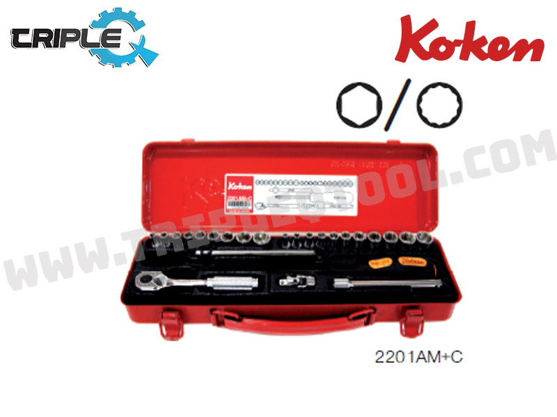 KOKEN บ๊อกซ์ชุด 12P 25 ชิ้น (นิ้ว + มิล) ในกล่องเหล็ก (Socket Set) 2201AM+C-12P