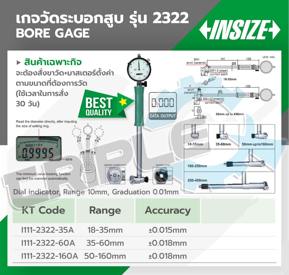 INSIZE - เกจวัดกระบอกสูบ (บอร์เกจวัดรูใน) (Bore Gage) รุ่น 2322-160A ช่วงระยะวัด 50-160 มม. ความละเอียด 0.003 มม. ความแม่นยำ +/- 0.018 มม.